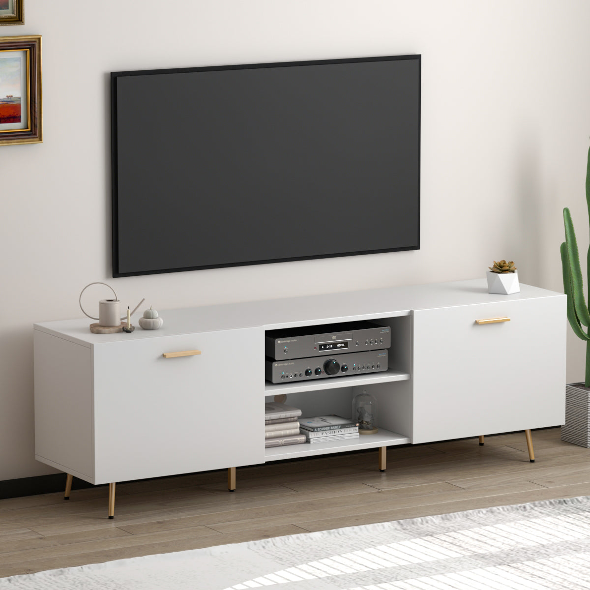 Entertainment Center with Storage Shelves and Cable-management, TV Stand TV Cabinet with Gold Metal Legs for Living Room White