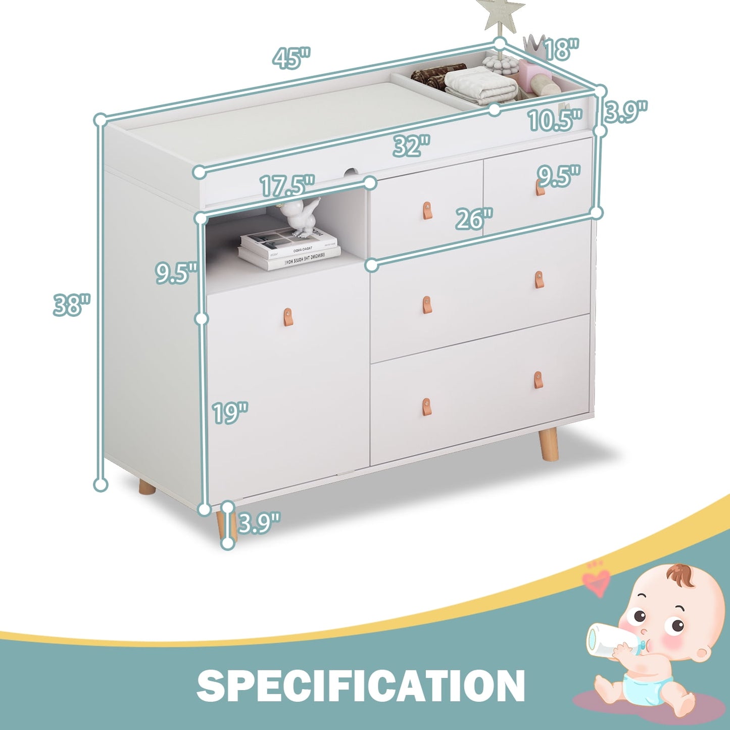 AIEGLE Changing Tables with 4 Drawers, Changing Table Dresser Storage Nursery Chest for Infants Babies, White