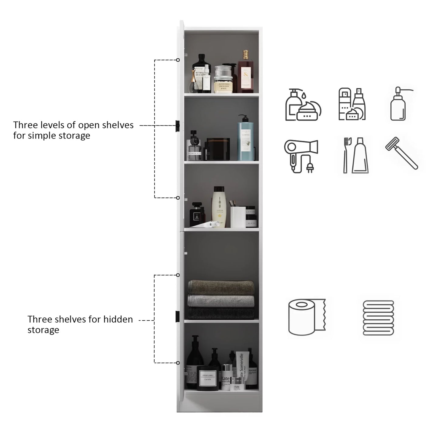 MONSLIPA Bathroom Cabinet, Freestanding Storage Cabinet with Glass Doors and Adjustable Shelf