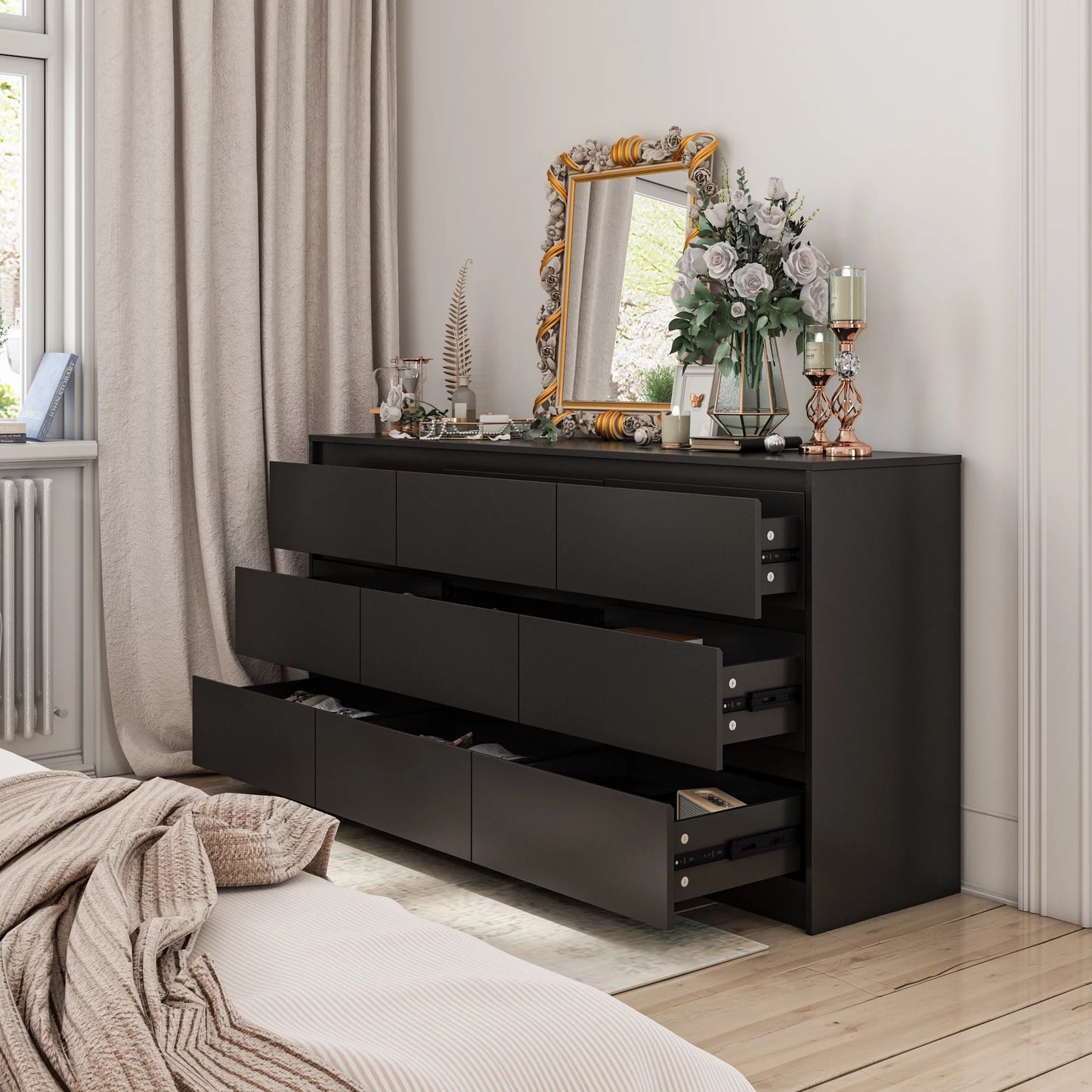 MONSLIPA Chest of Drawers 9 Drawer Dresser, Modern Wooden Storage Dresser for Bedroom Hallway, Black