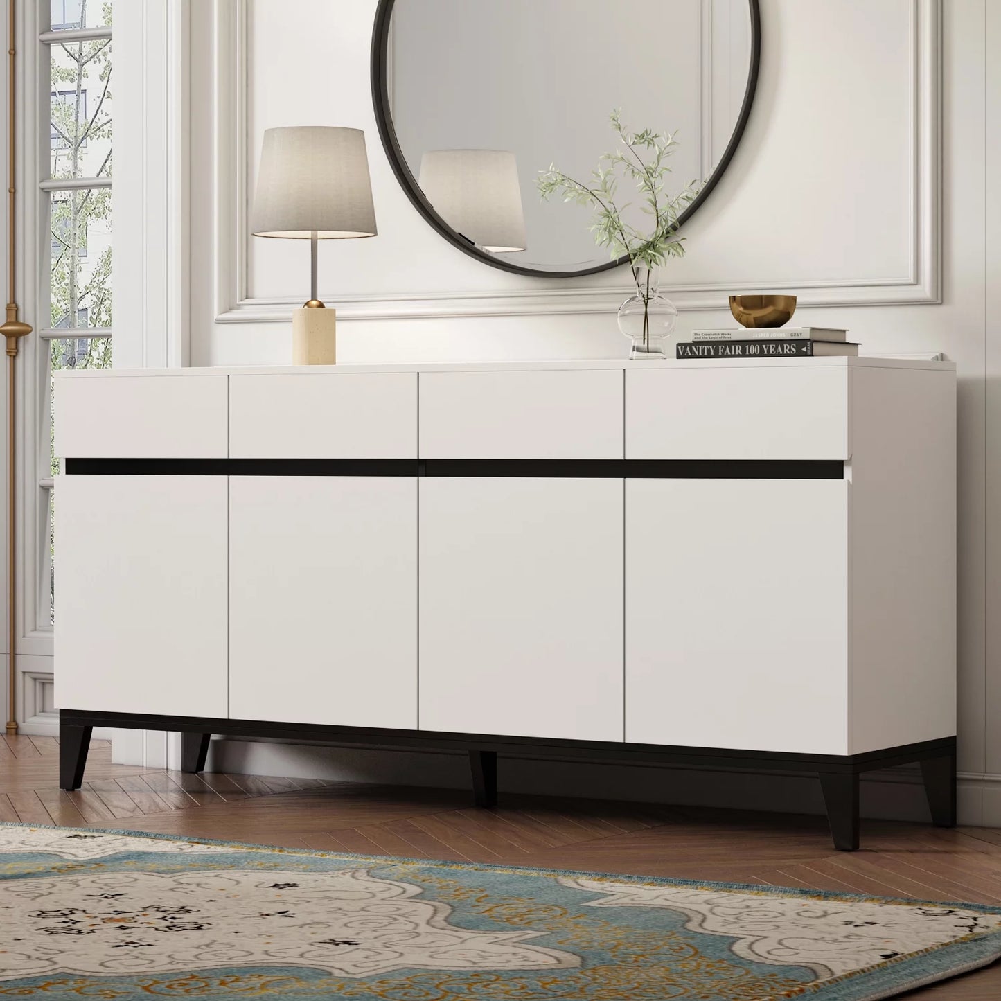 MONSLIPA Kitchen Sideboards Tables with 4 Drawers, Modern 4-Door Buffet Storage Cabinet with Metal Frame for Living Room Entryway Dinning Room