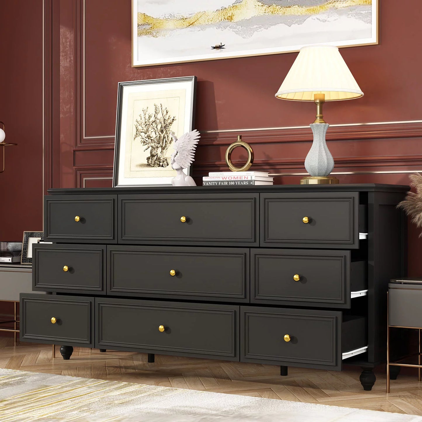 MONSLIPA 9 Drawer Double Dresser, Modern Wood Chest of Drawers for Bedroom Living Room Black