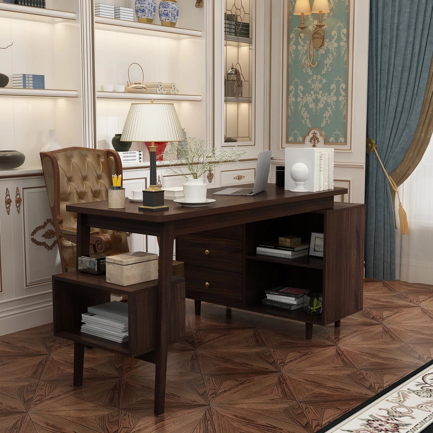 MONSLIPA L-Shaped Computer Desk with Storage Cabinet, Corner Writing Desk with Drawers and Open Shelf, Espresso