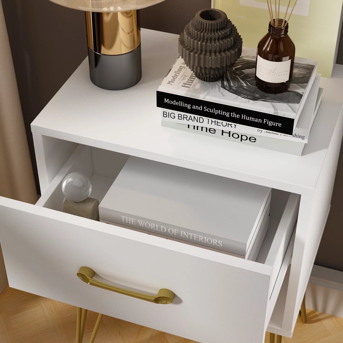 MONSLIPA Nightstand with Drawer and Shelf, White End Side Table with Metal Legs for Bedroom