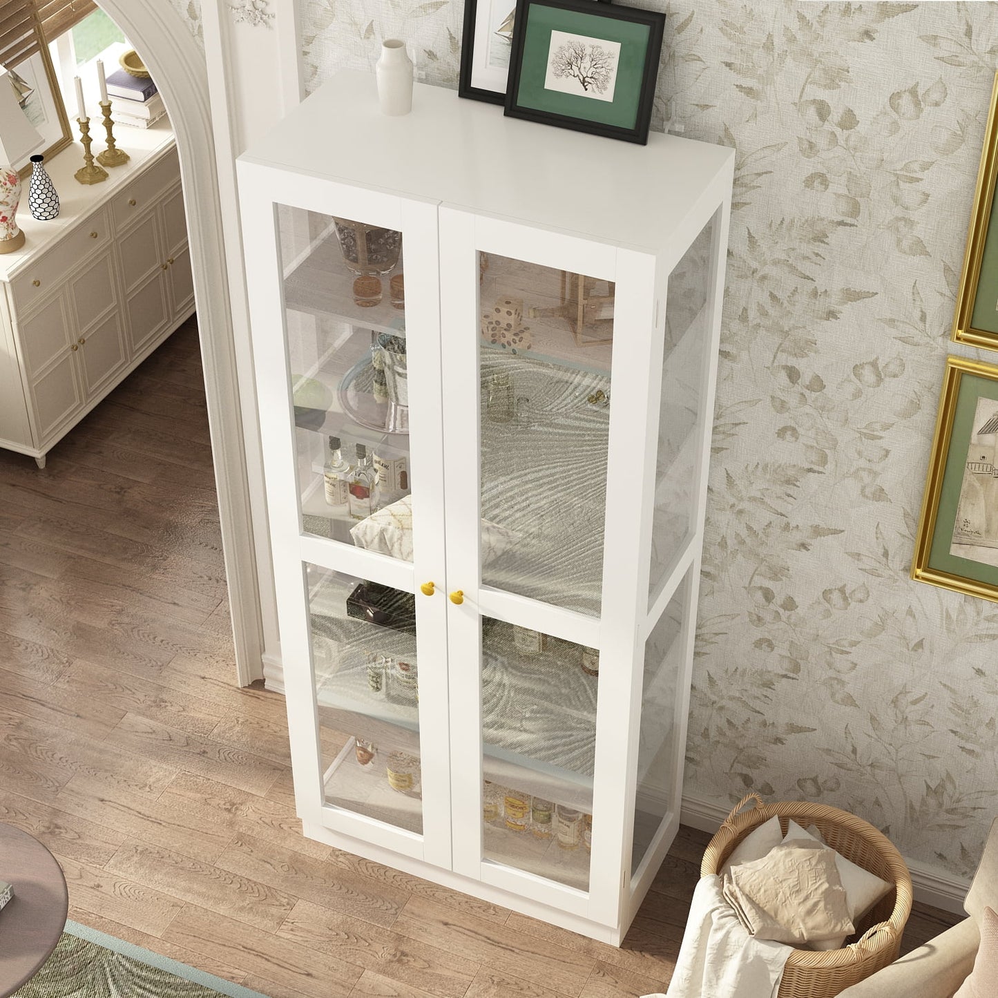 MONSLIPA Display Curio Cabinet with Tempered Glass Door, Bar and Liquor Storage Area with 6 Shelves - White