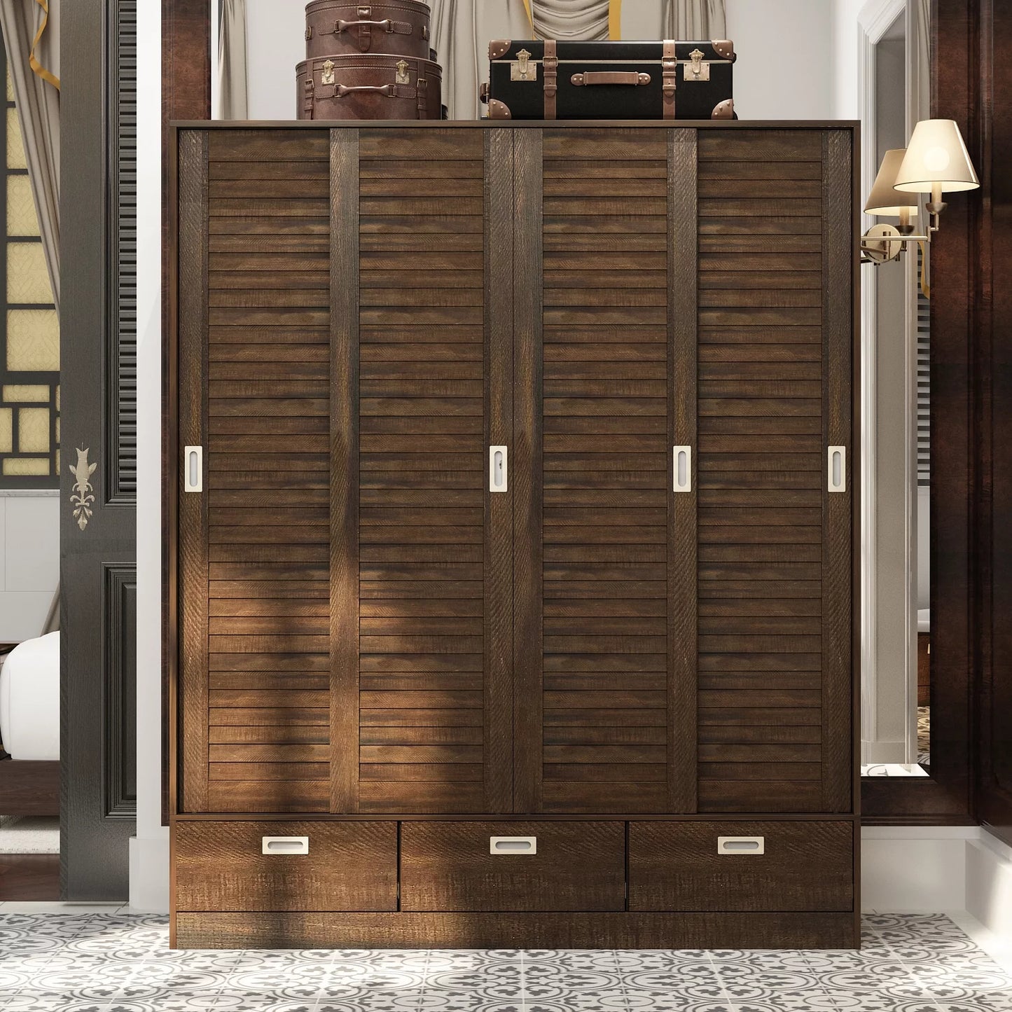 MONSLIPA Wardrobe with 3 Sliding Louvered Doors, Wood Armoire Closet Storage Cabinet with Drawer and Hanging Rods for Bedroom, Espresso