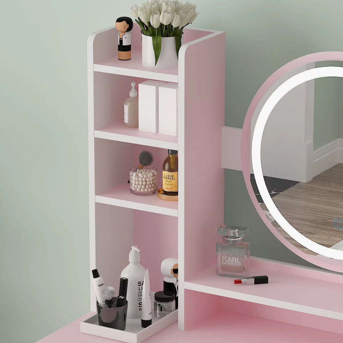 MONSLIPA Modern Vanity Table with Mirror, LED Lights, Makeup Dressing Table with Lighted Mirror, Stool, Open Shelves and 4 Drawers, Pink, Ideal for Bedroom, Girlfriend Gift