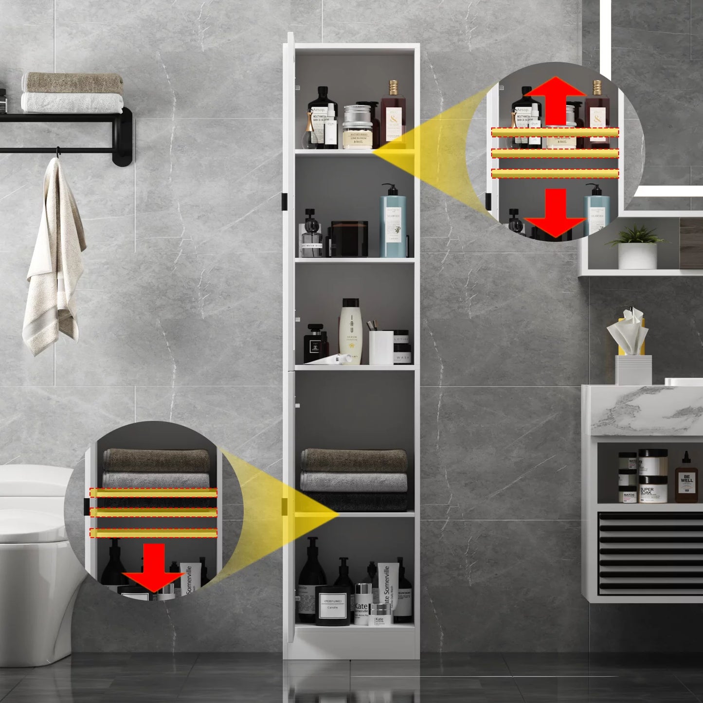 MONSLIPA Bathroom Cabinet, Freestanding Storage Cabinet with Glass Doors and Adjustable Shelf