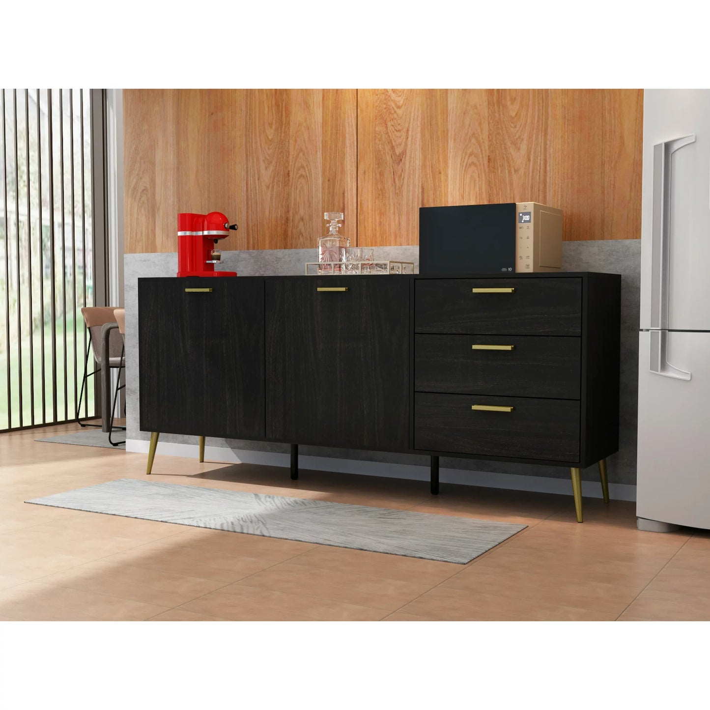 Timechee Kitchen Buffet Sideboard, Storage Cabinet Cupboard with 2 Door and 3 Drawers for Dining Room, Black