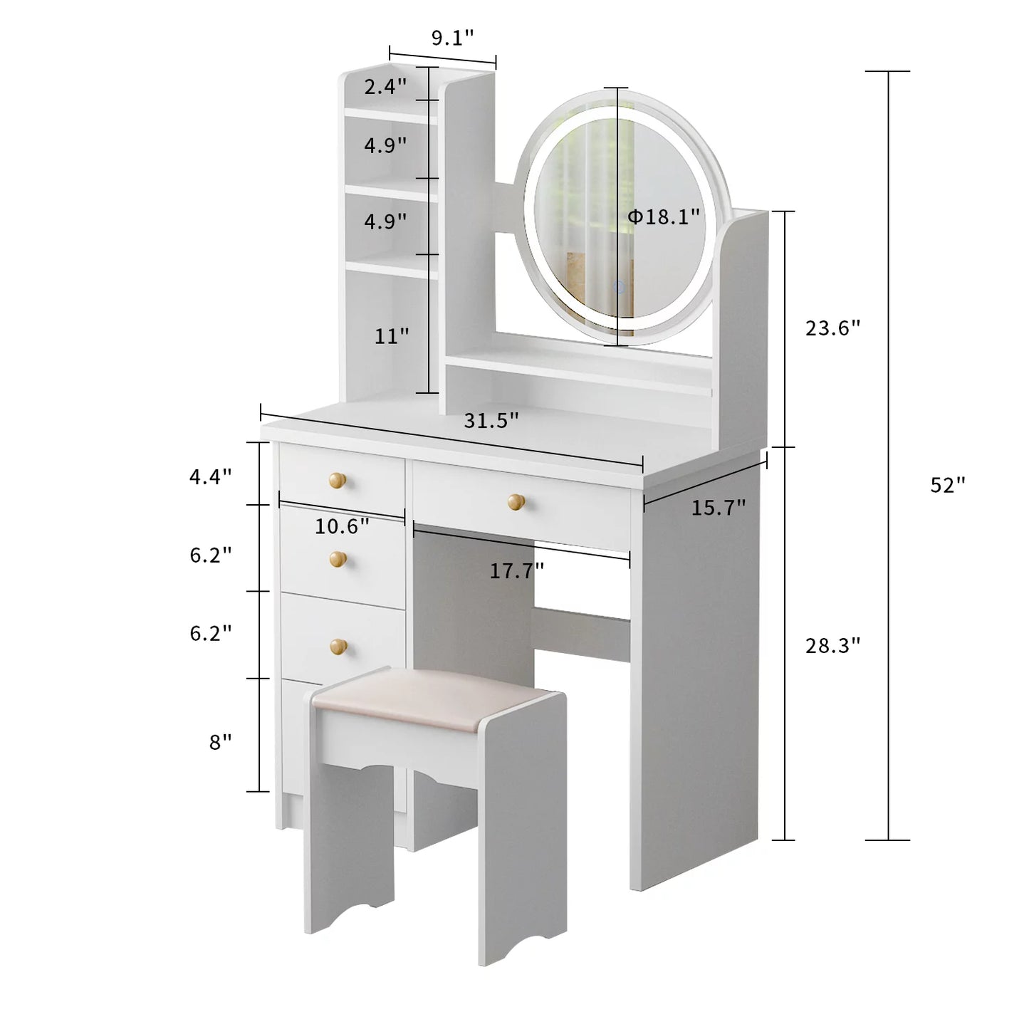 MONSLIPA Modern Vanity Table with Mirror, LED Lights, Makeup Dressing Table with Lighted Mirror, Stool, Open Shelves and 4 Drawers, White, Ideal for Bedroom, Girlfriend Gift