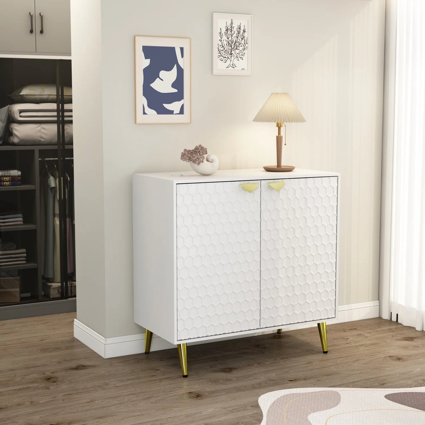 MONSLIPA Accent Cabinet with Gold Metal Legs, Wooden Side Storage Cabinet with for Living Room Kitchen Hallway, White