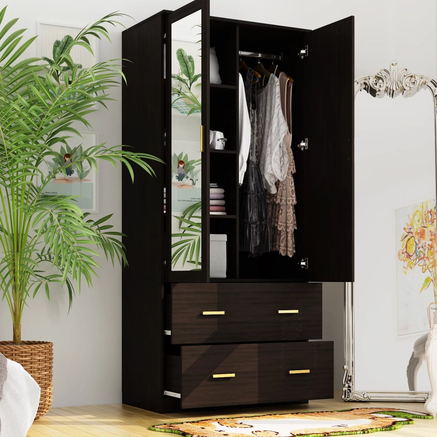 MONSLIPA Modern Wardrobe Amoire with Mirror,2 Drawers and Hanging Rod for Bedroom in Espresso