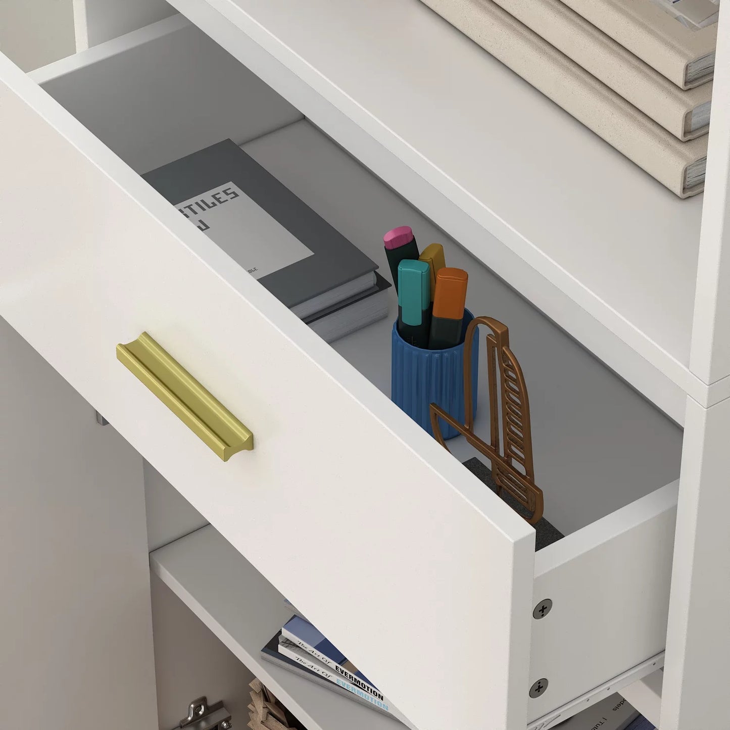 MONSLIPA Freestanding 2- Door Bookcase Storage Cabinet with 3 Shelves and Drawer, 70.8" H, White