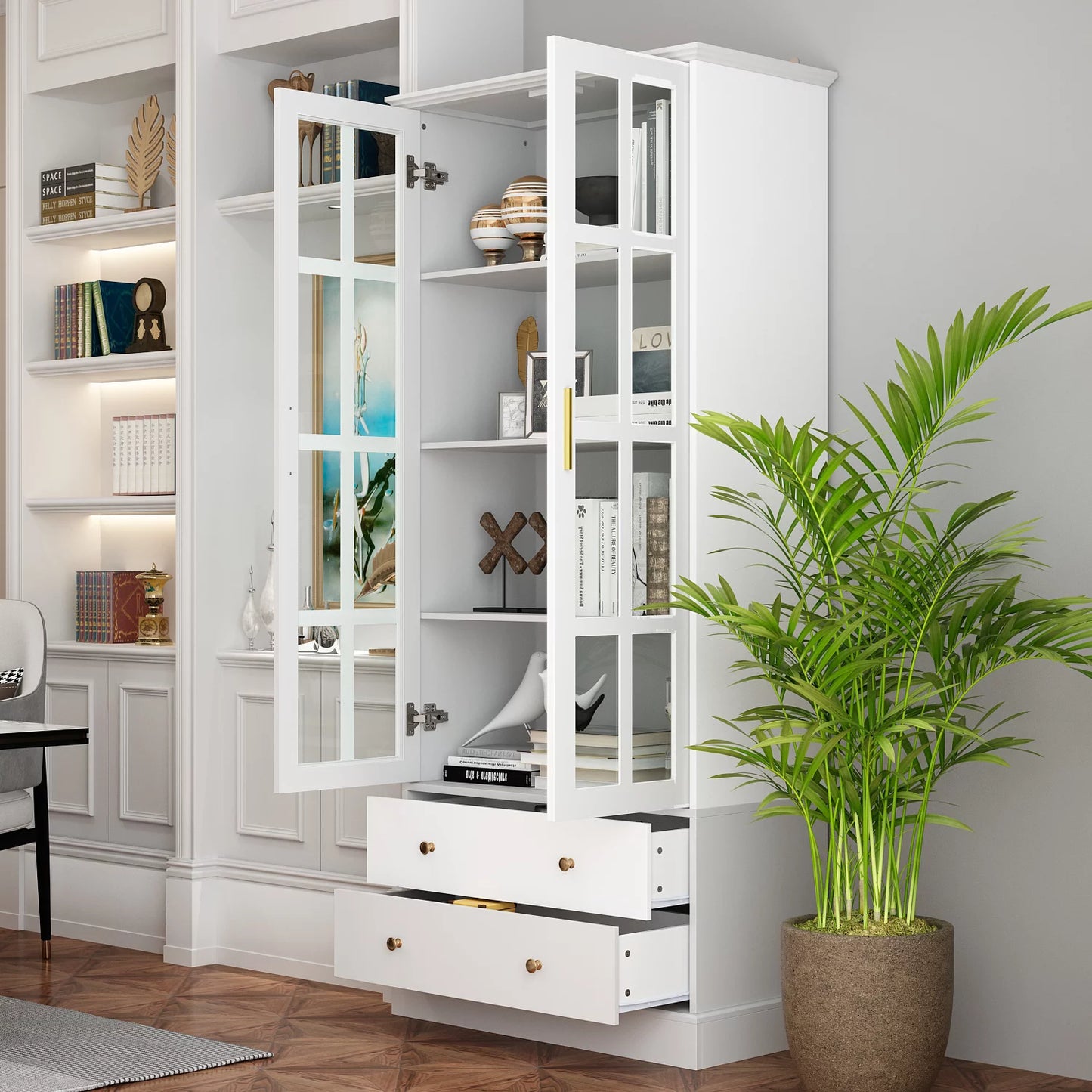 MONSLIPA 70"H Bookcase with Drawers, Display Storage Cabinte with Glass Door for Living Room