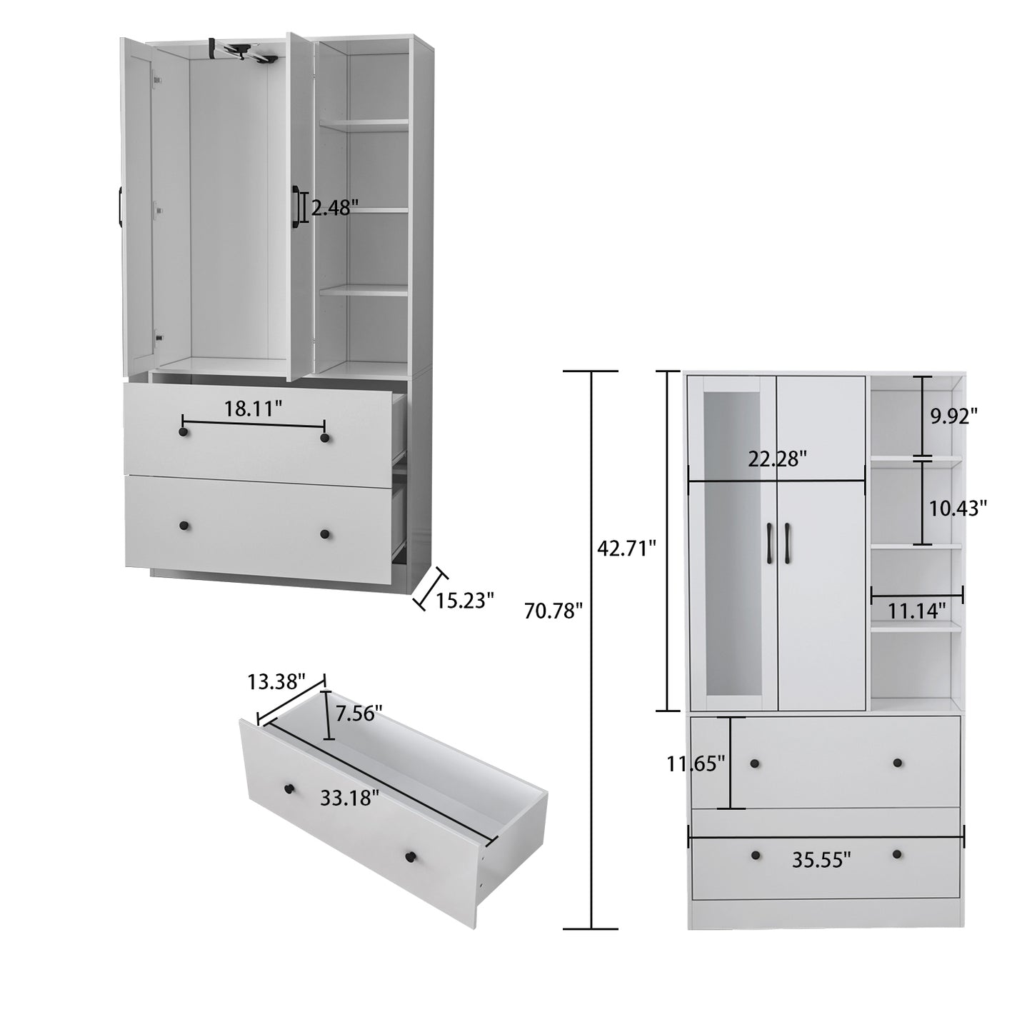 AIEGLE Mirrored Wardrobe Armorie with Drawers and Side Shelves, Modern Bedroom Closet Cabinet with Telescopic Clothes Rail, White