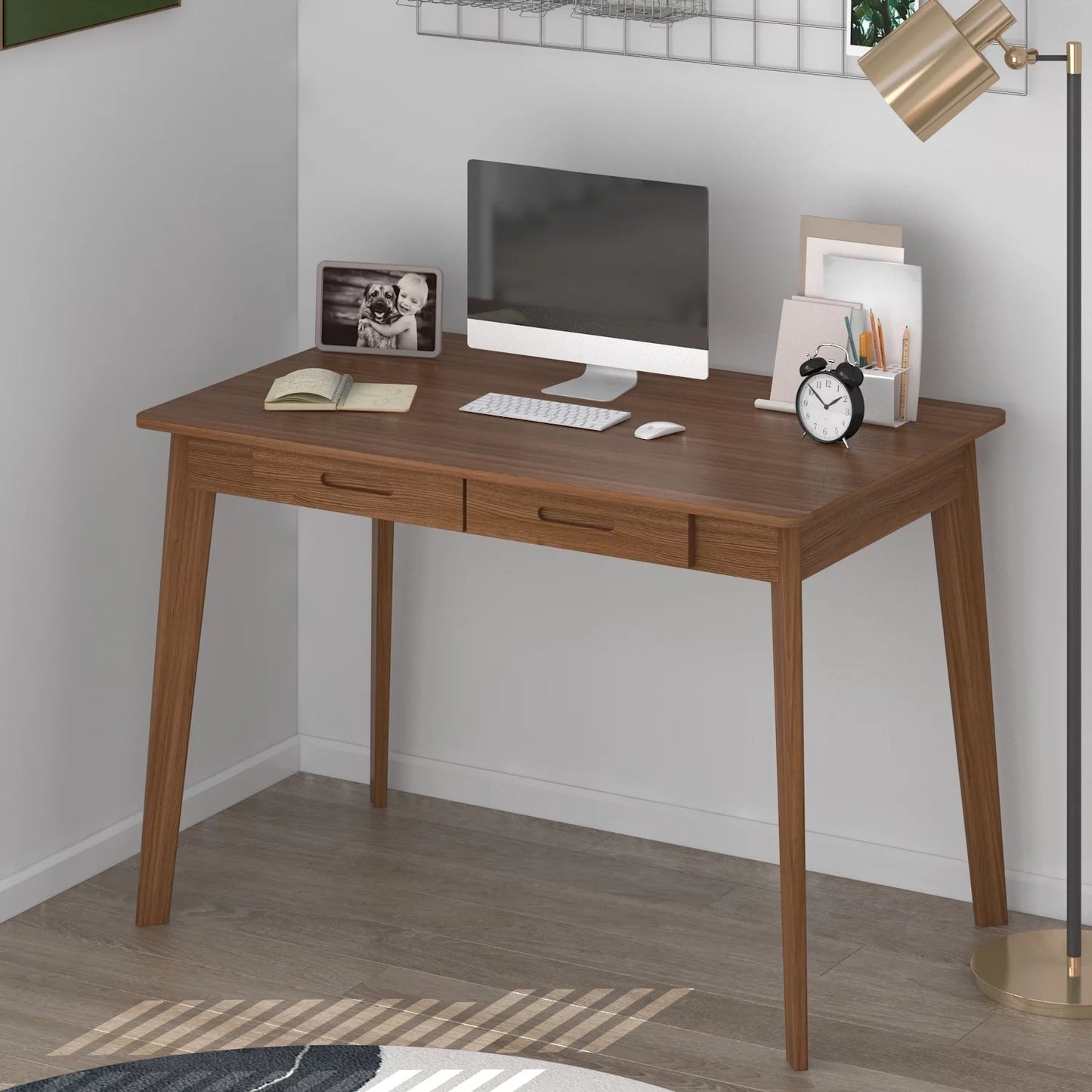 MONSLIPA Writing Study Table with 2 Drawers, Cumputer Desk for Home Office, Walnut, 39.4"*21.7"