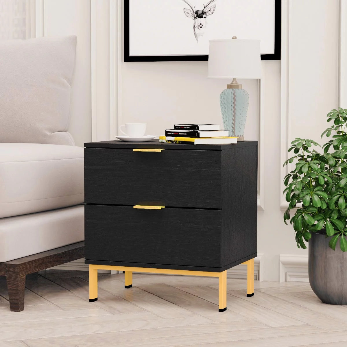 MONSLIPA Nightstand with 2 Drawers, Set of 2 End Table Storage Wood Cabinet Bedroom Accent Side Table, Black