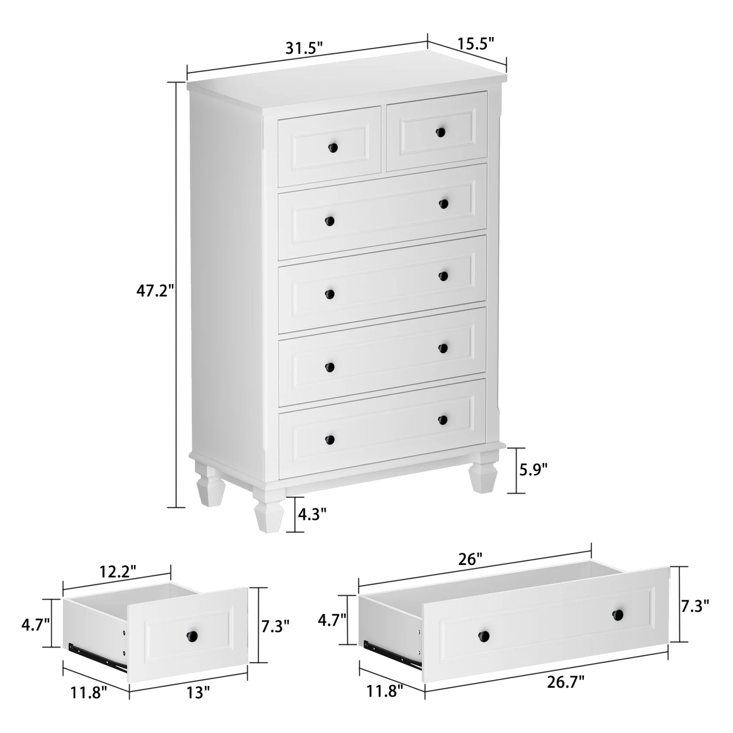 MONSLIPA 6 Drawer Tall Dresser, White Drawer Chest for Bedroom, Clothes Storage Cabinet