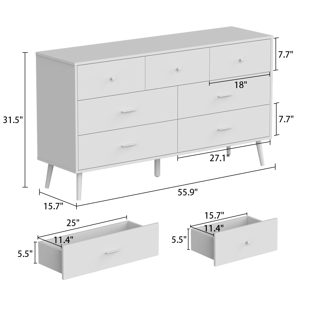 Timechee Wooden Dressers with 7 Drawers, White Drawer Dresser Large Storage Furniture