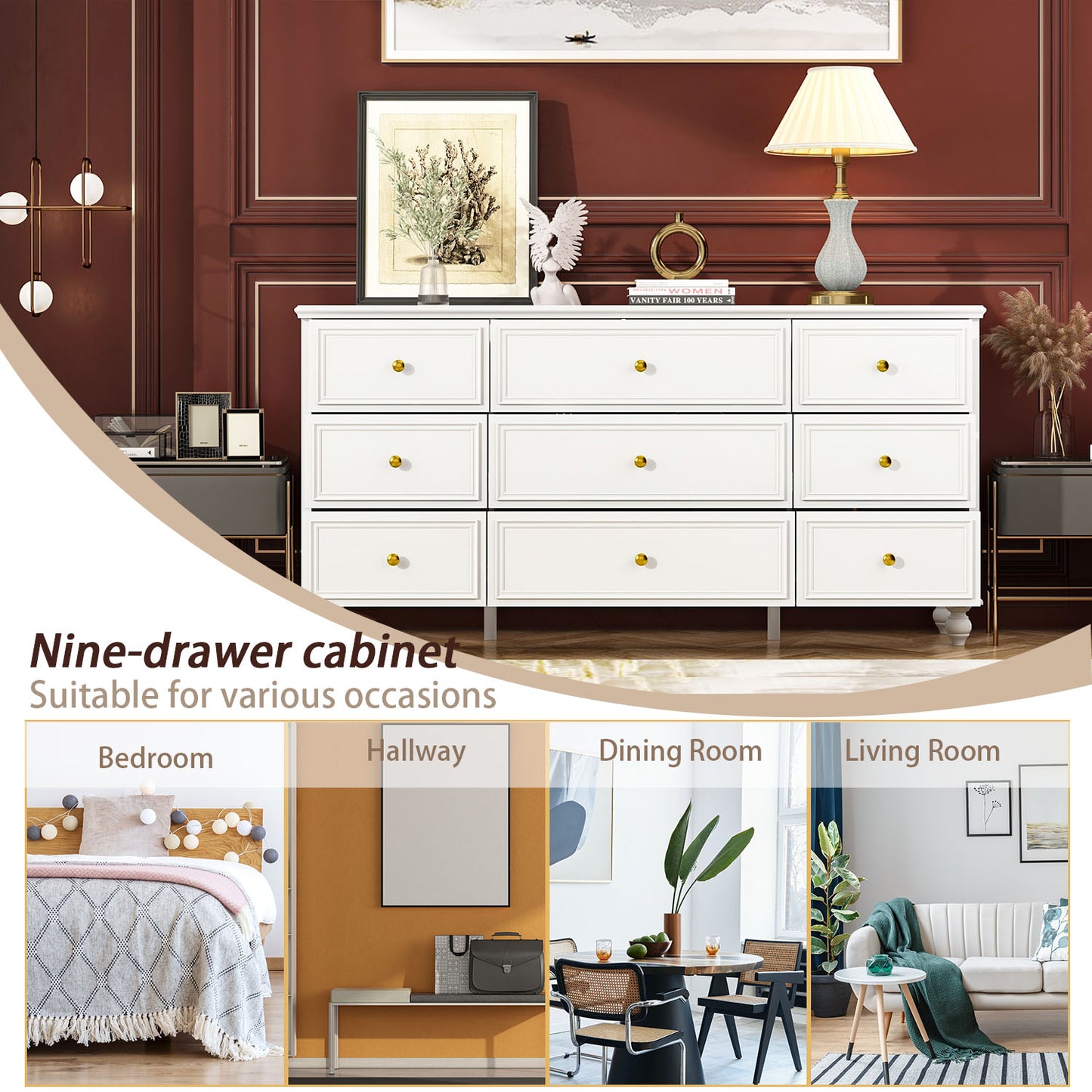 Timehcee 9 Drawer Double Dresser, Chest of Drawers Dresser for Bedroom Living Room White