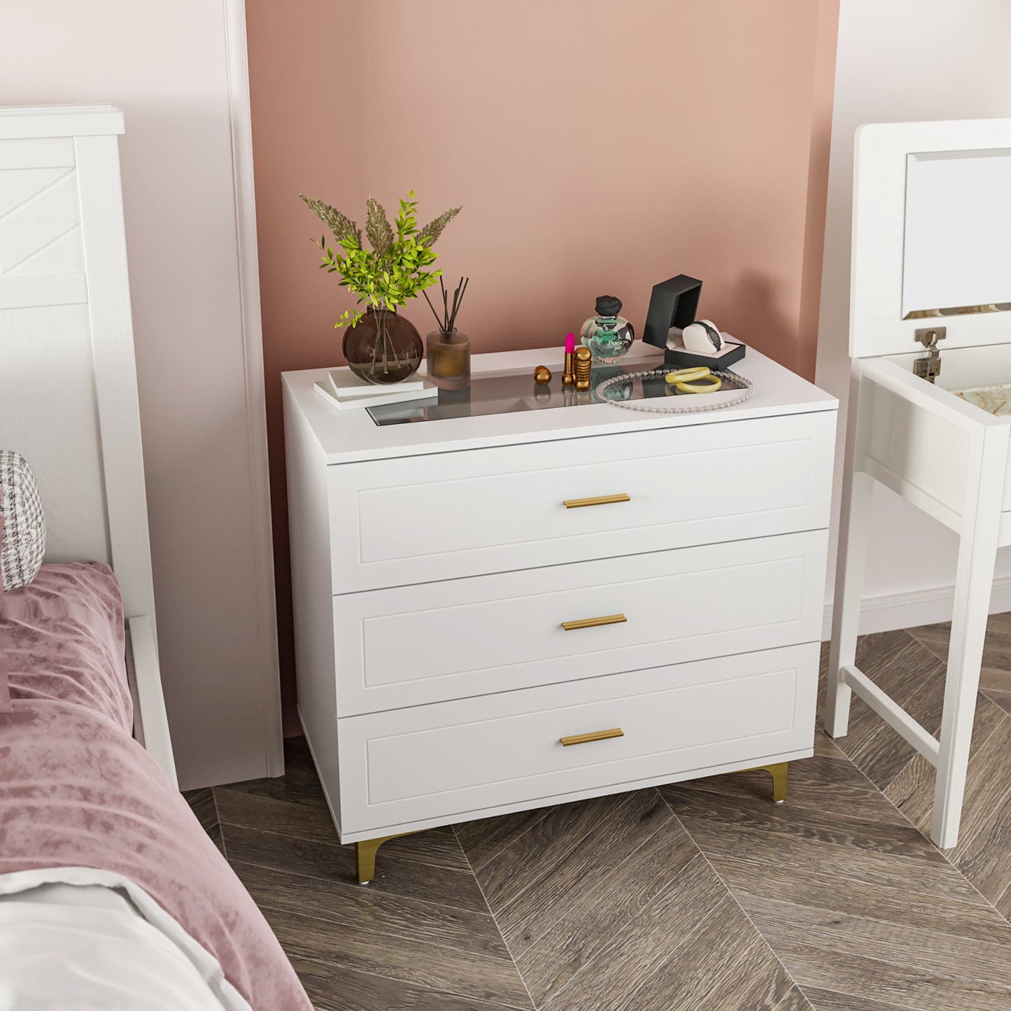 MONSLIPA Modern 3 Drawers Dresser with Glass Top and Jewelry Organizer, Chest of Drawer End Table with Metal Legs, White