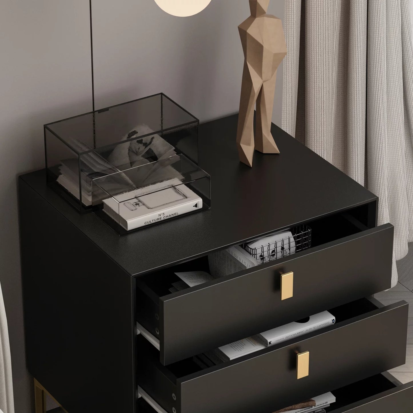 MONSLIPA Nightstand End Table with 3 Drawers, Black Bedside Table with Gold Metal Legs for Bedroom and Living Room