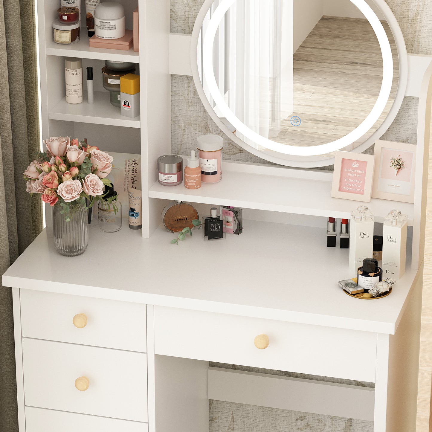 Makeup Vanity Dressing Table w/Drawers and Shelves, Sturdy Vanity Set w/Lighted Mirror, White Dresser Desk & Cushioned Stool