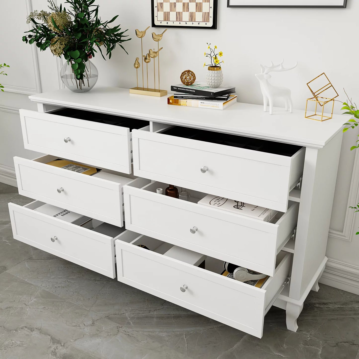 MONSLIPA Drawers Storage Dresser with Foldable Drawer Dividers, Chest of Drawer with 6 Drawer for Bedroom White