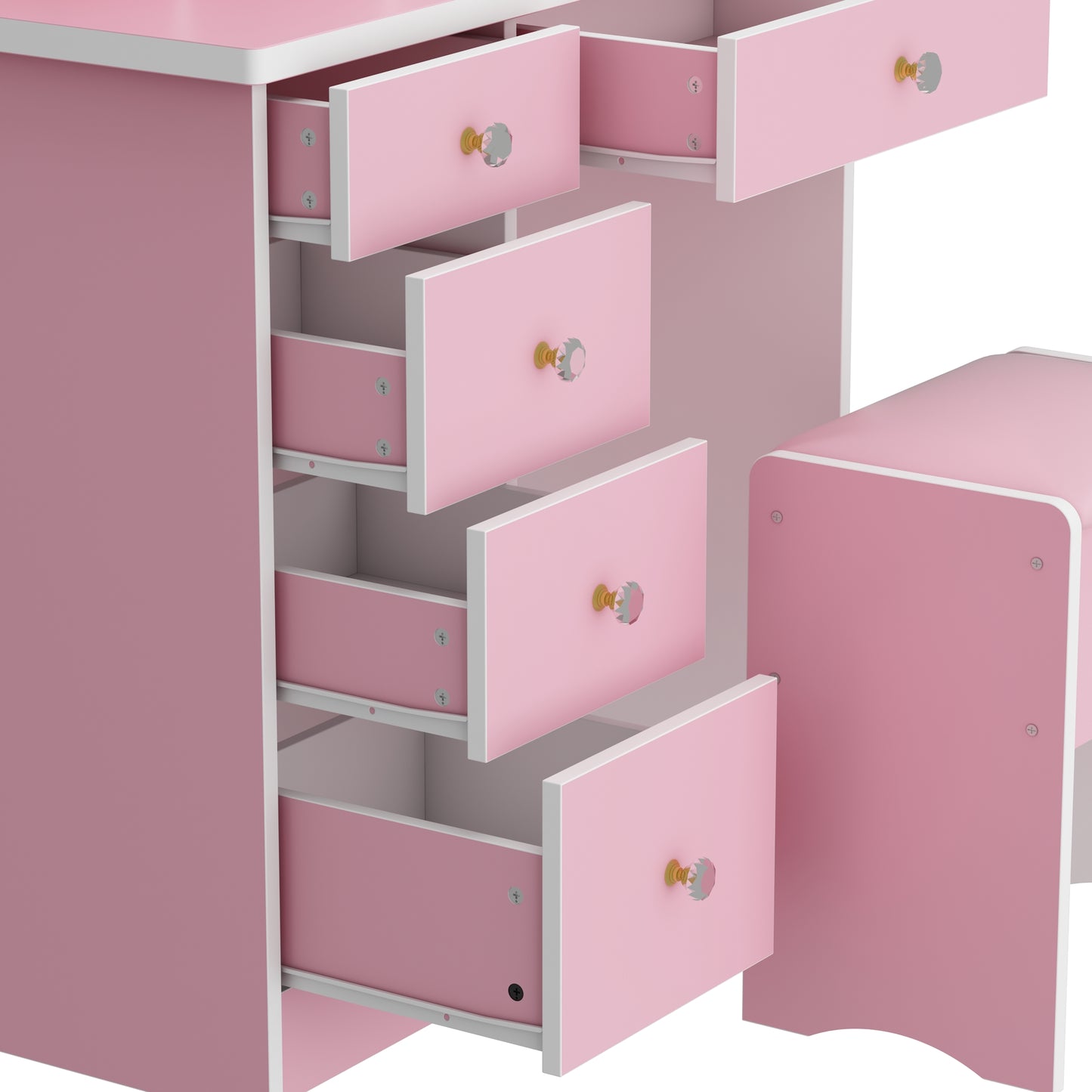 MONSLIPA Pink Finish Vanity Table Set for Girls with Lighted Mirror, 5 Drawers, Shelves, Stool