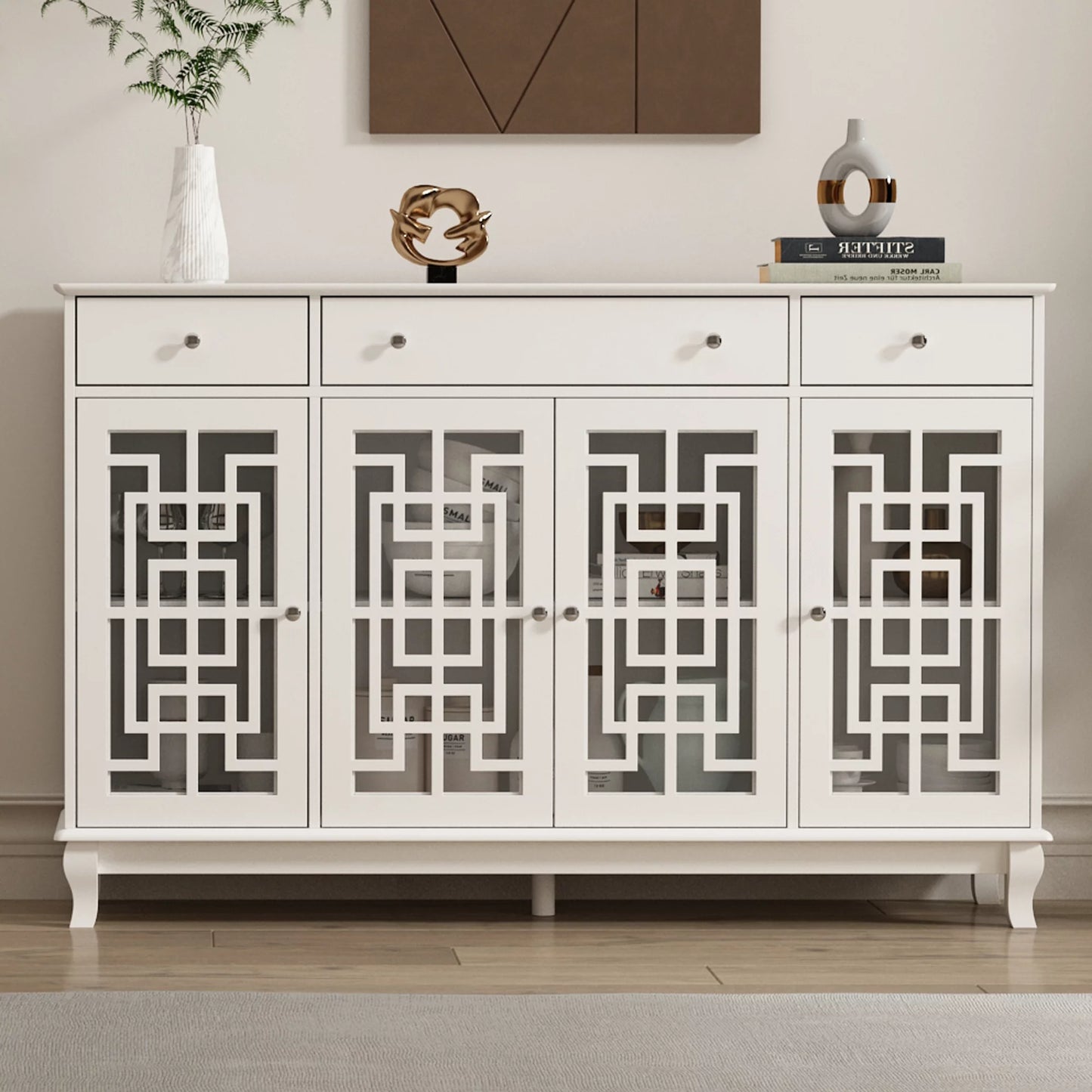 MONSLIPA 4-Door Buffet Sideboard with Drawer, White Accent Storage Cabinet with Glass Door for Entryway Kitchen Dining Room, 55.1"