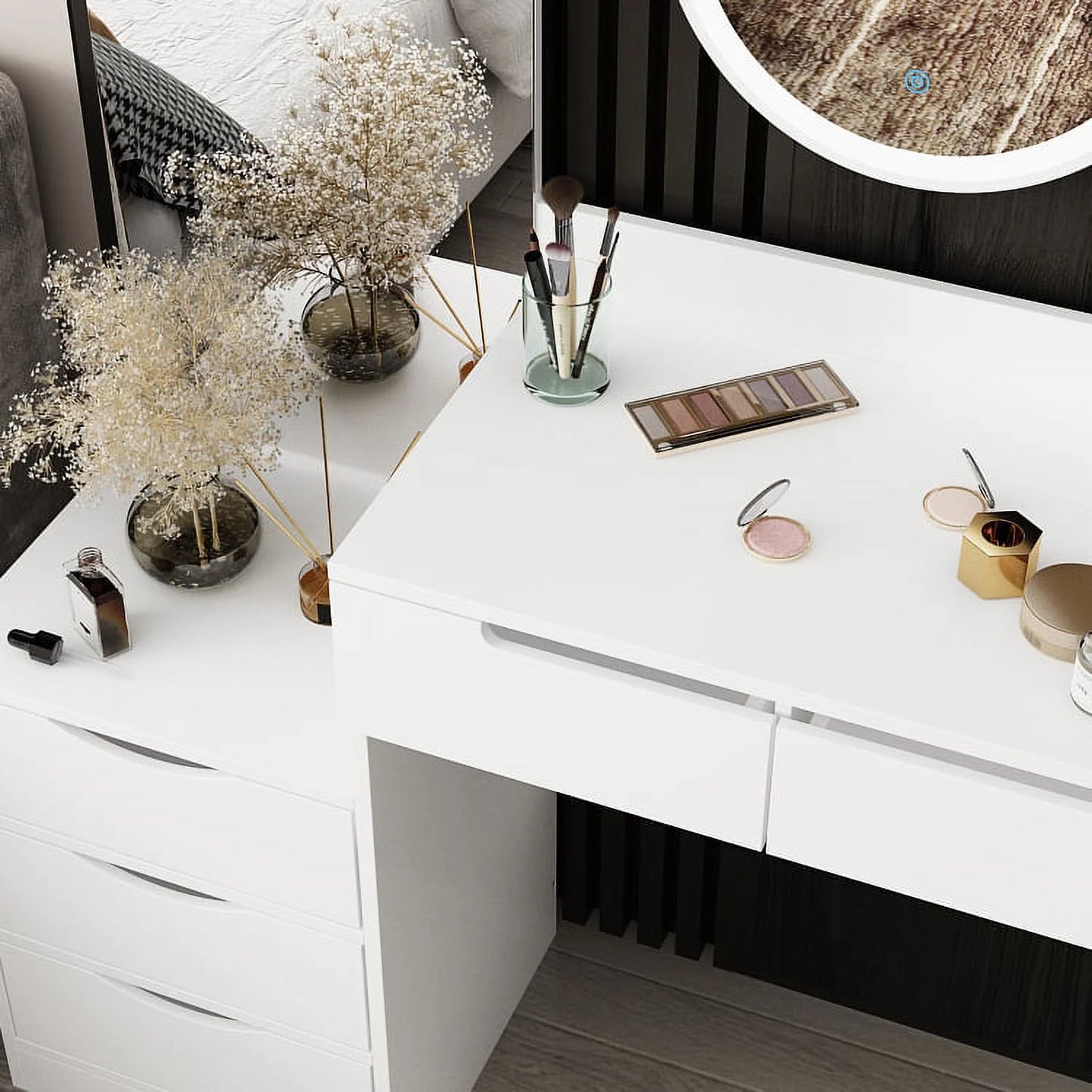 MONSLIPA Makeup Vanity with Lighted Round Mirror, Vanity Set with Extra Large Mirror, Drawer &Cushioned Stool for Bedroom