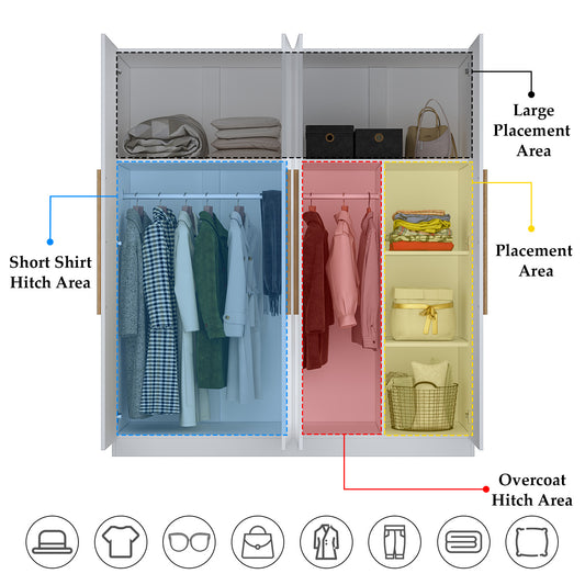 MONSLIPA Modern Wardrobe Armoire, 4 Door Wooden Closet Storage with Hanging Rods for Bedroom, White