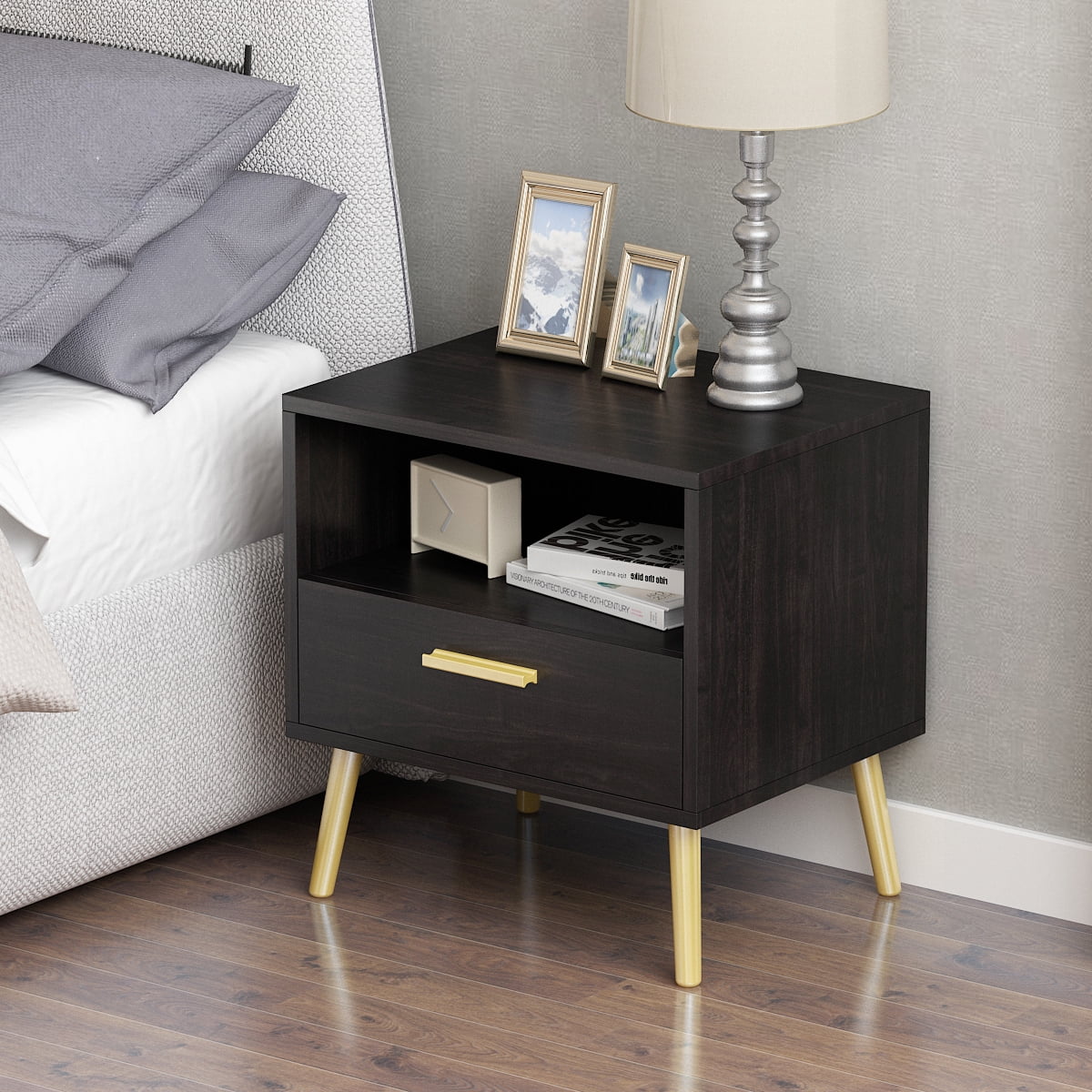 MONSLIPA Nightstand with Drawer and Open Shelf , Bedside Table for Bedroom Living Room, Black