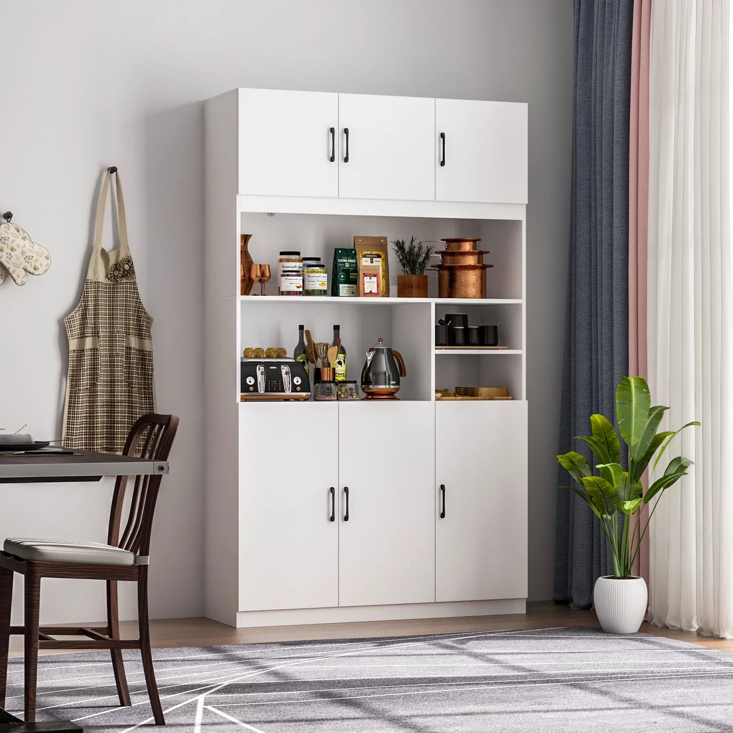 MONSLIPA Kitchen Buffet Hutch Storage Cabinet, 6-Door Pantry Cabinet with Open Shelves for Living Room