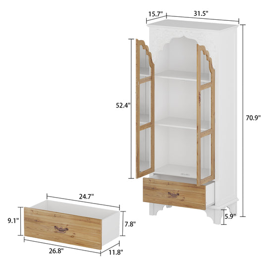 MONSLIPA Display Cabinet with Arched Glass Door, Bookcase Storage Pantry with 3 -Tier Shelves and Drawer for Living Room