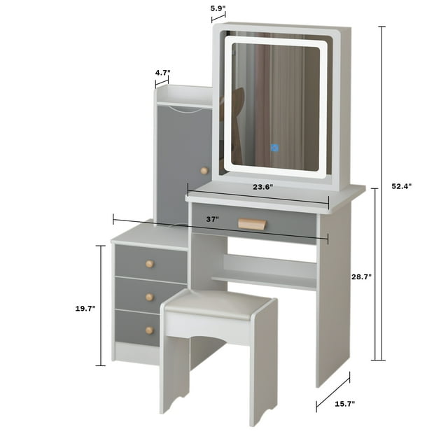 MONSLIPA Makeup Vanity Desk Set, Sturdy Dressing Table w/Lighted Mirror, Stool, Shelves & Drawers