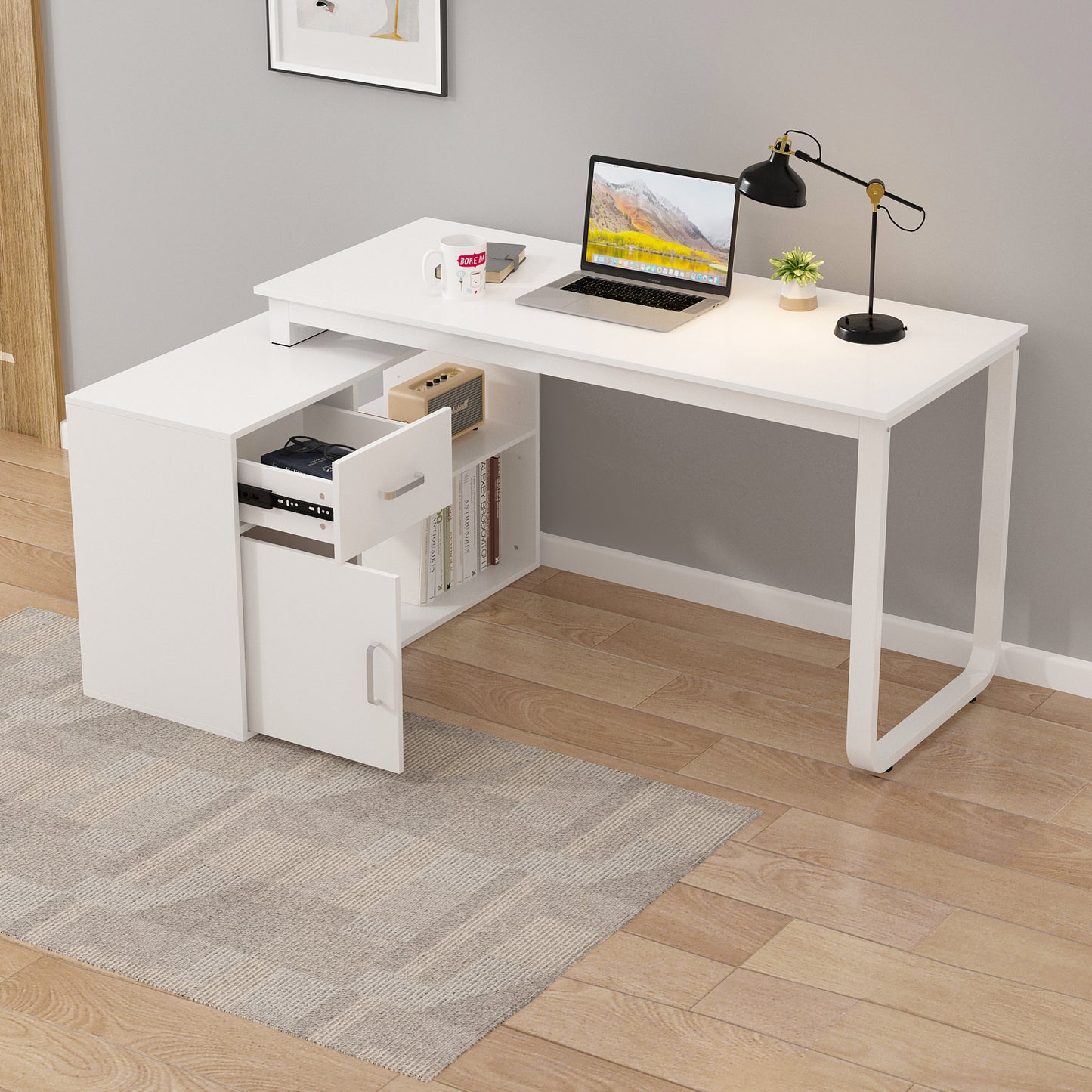 Timechee Reversible Wood L Shape Desk with Storage Shelves and Drawer, White Corner Desk Work Writing Desk Workstation Table for Home Office Study