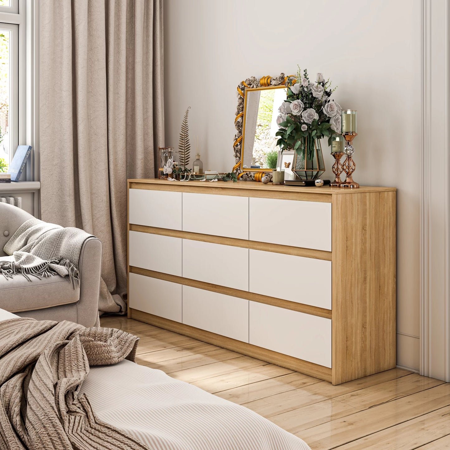 MONSLIPA Chest of Drawers 9 Drawer Dresser, Modern Wooden Storage Dresser for Bedroom Hallway, White and Oak