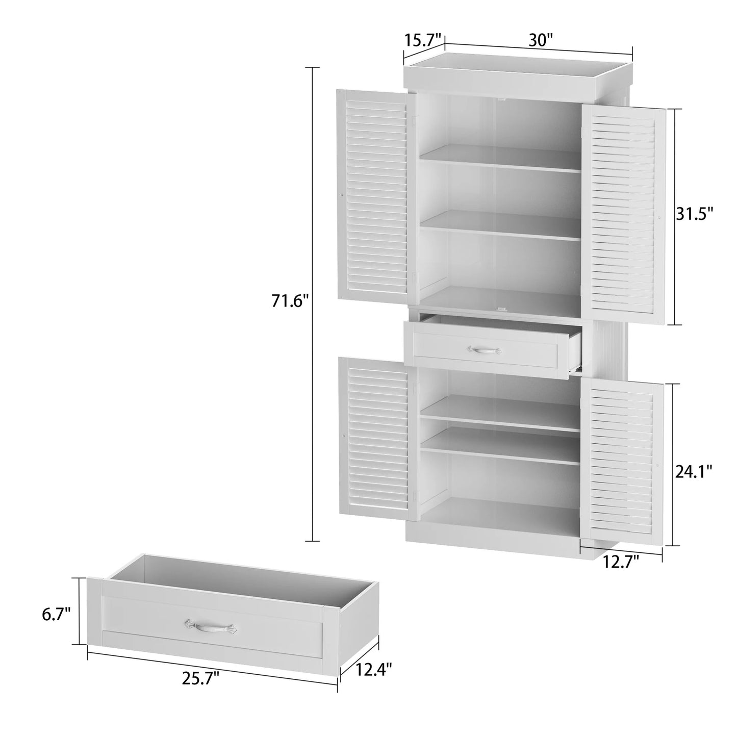 MONSLIPA Kitchen Pantry with Shutter Door, 71.6" Tall Storage Cabinet with Adjustable Shelves and Drawer, White