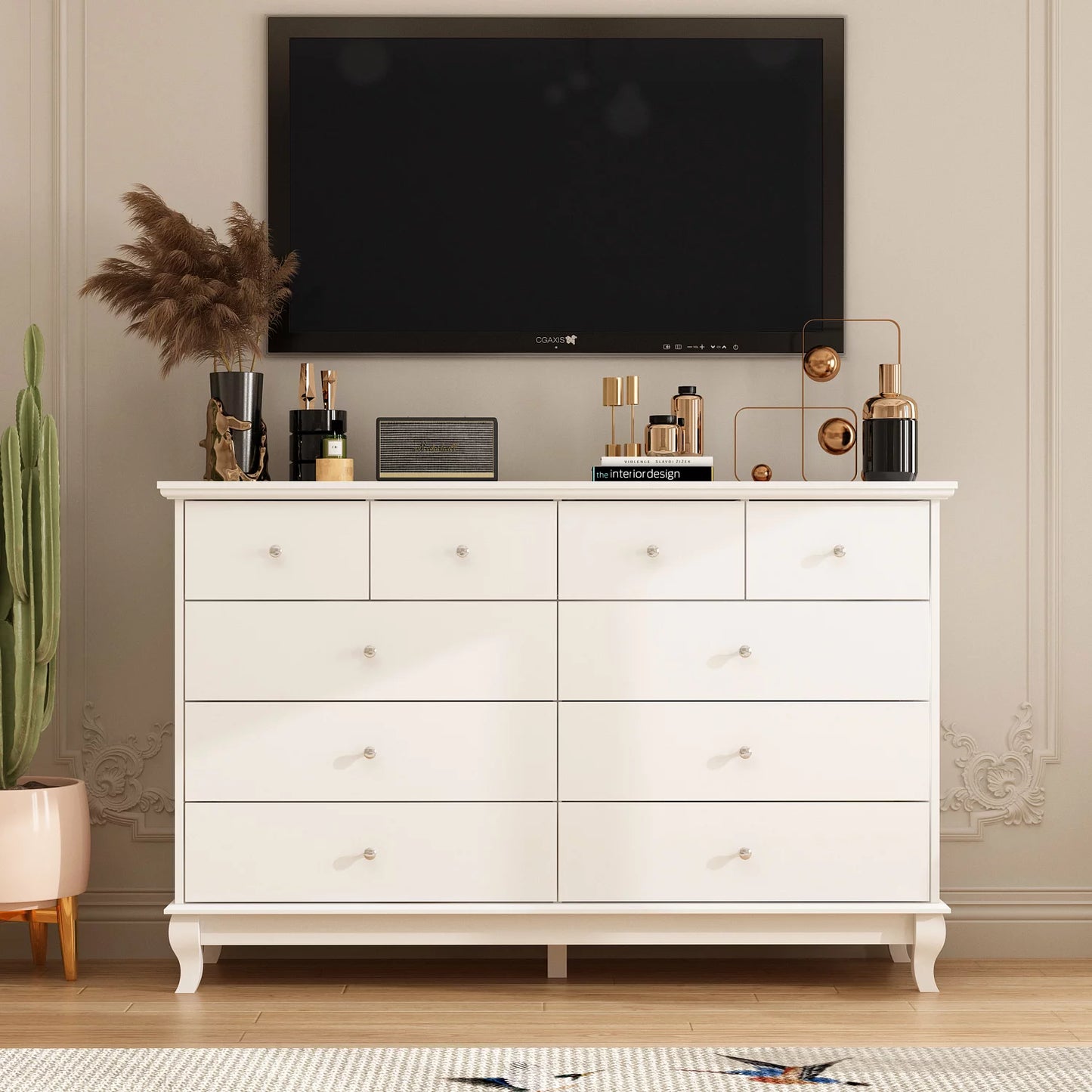 MONSLIPA 10 Drawer Dresser, 55.1'' W Double Dresser Chest of Drawers for Bedroom Closet White