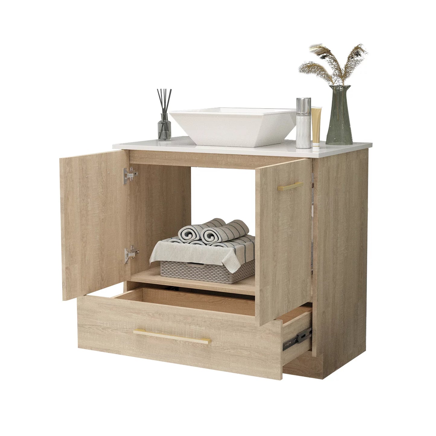 MONSLIPA 30 inch Bathroom Vanity with Sink, 2 Door Vanity Cabinet Sink Combo with Drawer, Oak