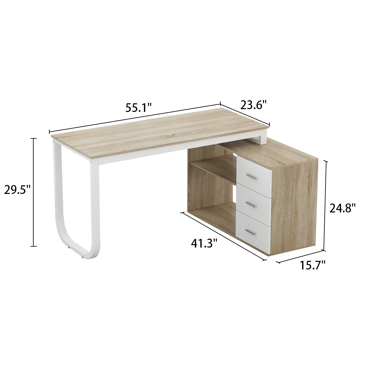 Timechee L Shaped Desk with Storage Shelf and 3 Drawers, 55" Home Office Corner Office Writing Desk Study Workstation Table, Oak