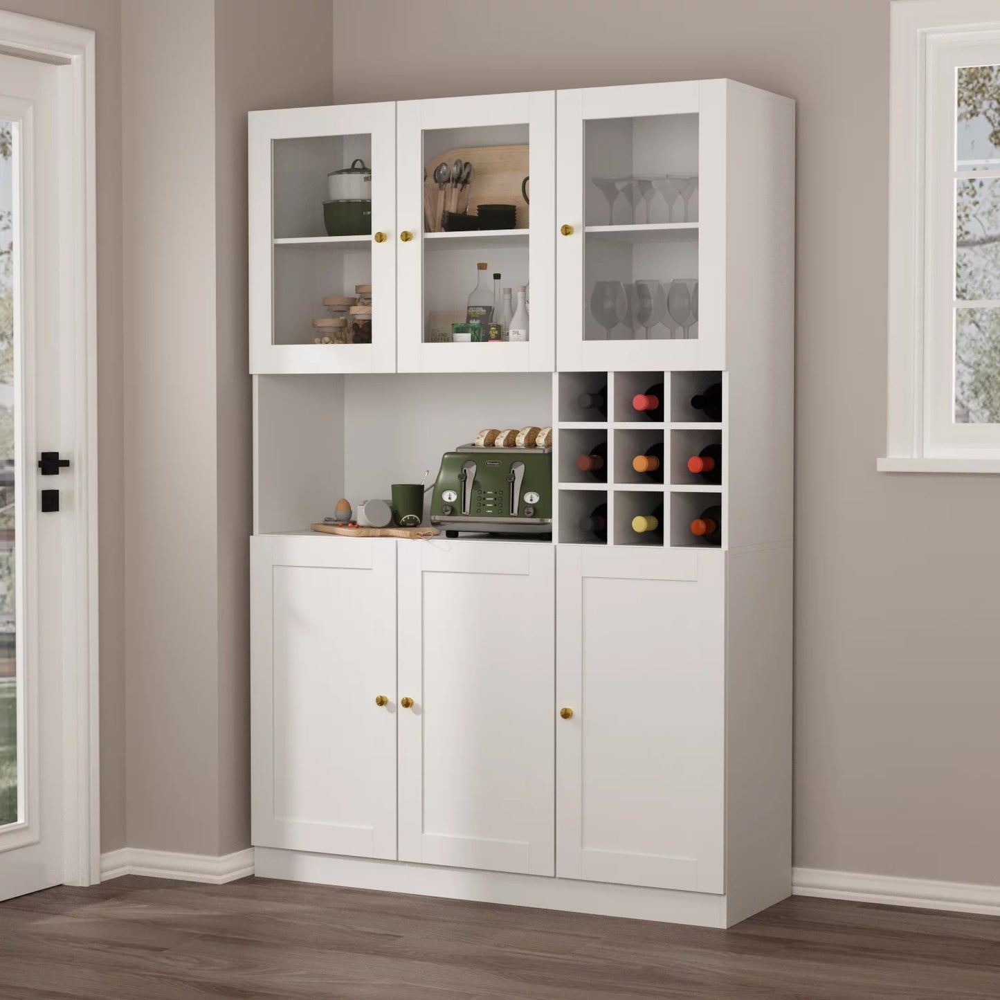 MONSLIPA Buffet Sideboard with Storage Hutch and Glass Door, Kitchen Hutch Sideboard with 9 Compartments Wine Rack