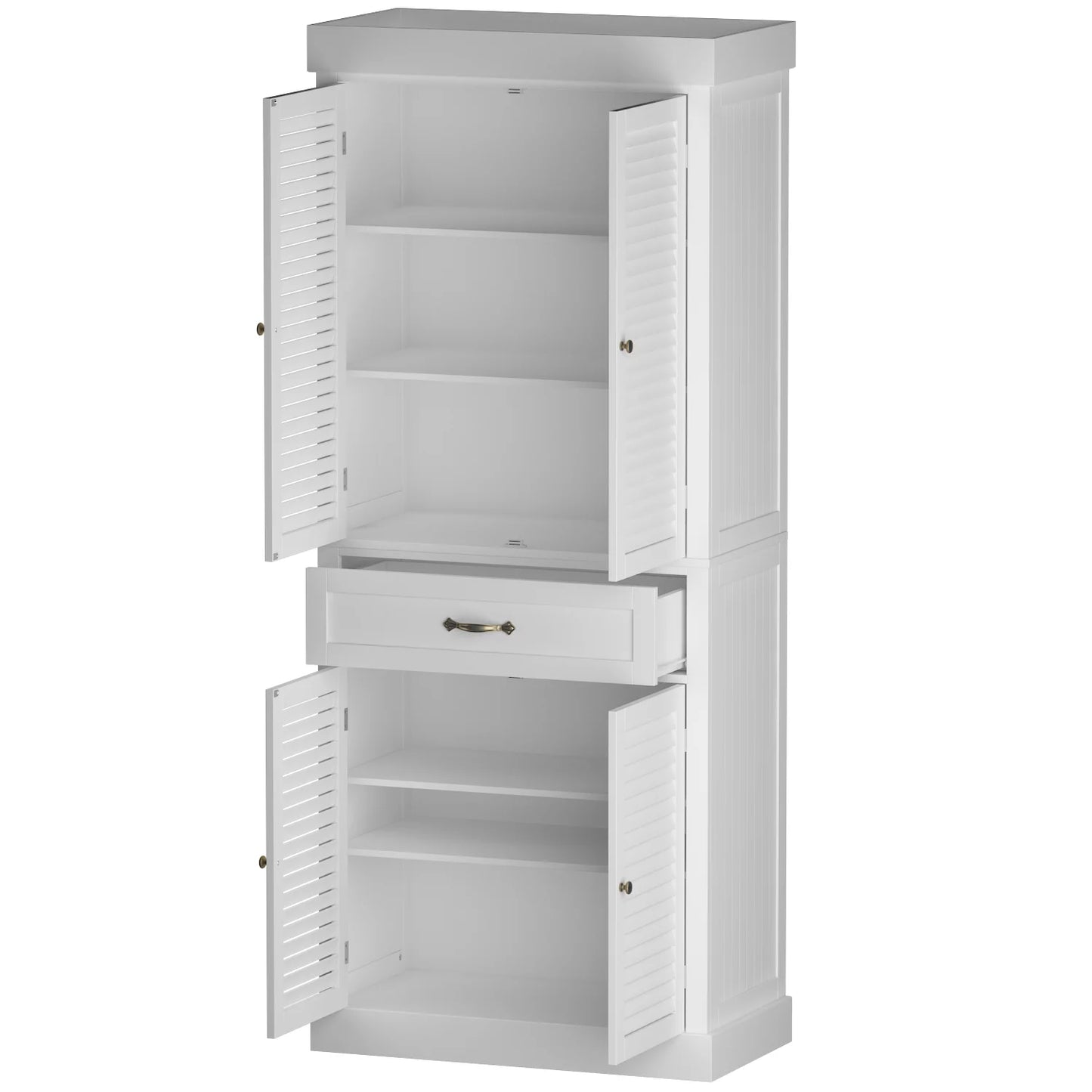 MONSLIPA Kitchen Pantry with Shutter Door, 71.6" Tall Storage Cabinet with Adjustable Shelves and Drawer, White