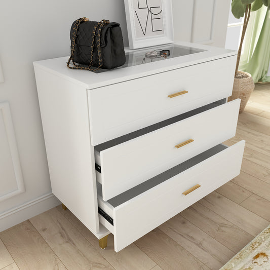 MONSLIPA Modern 3 Drawers Dresser with Glass Top and Jewelry Organizer, Chest of Drawer End Table with Metal Legs, White