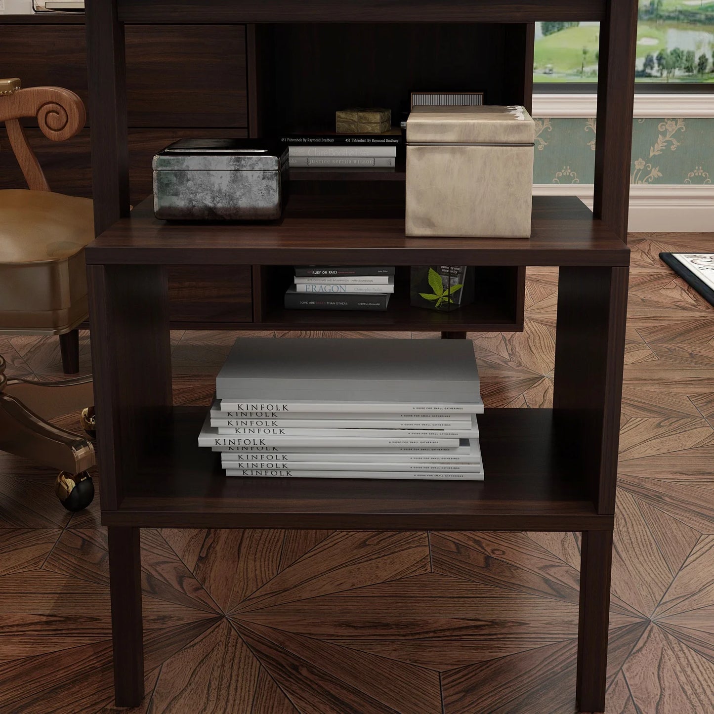 MONSLIPA L-Shaped Computer Desk with Storage Cabinet, Corner Writing Desk with Drawers and Open Shelf, Espresso