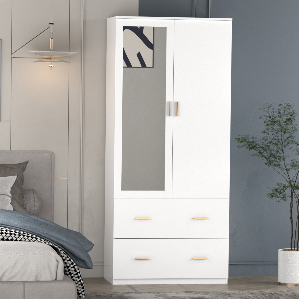 Timechee Mirrored Wardrobe, Amoire Closet with 2 Drawers and Hanging Rod for Bedroom White