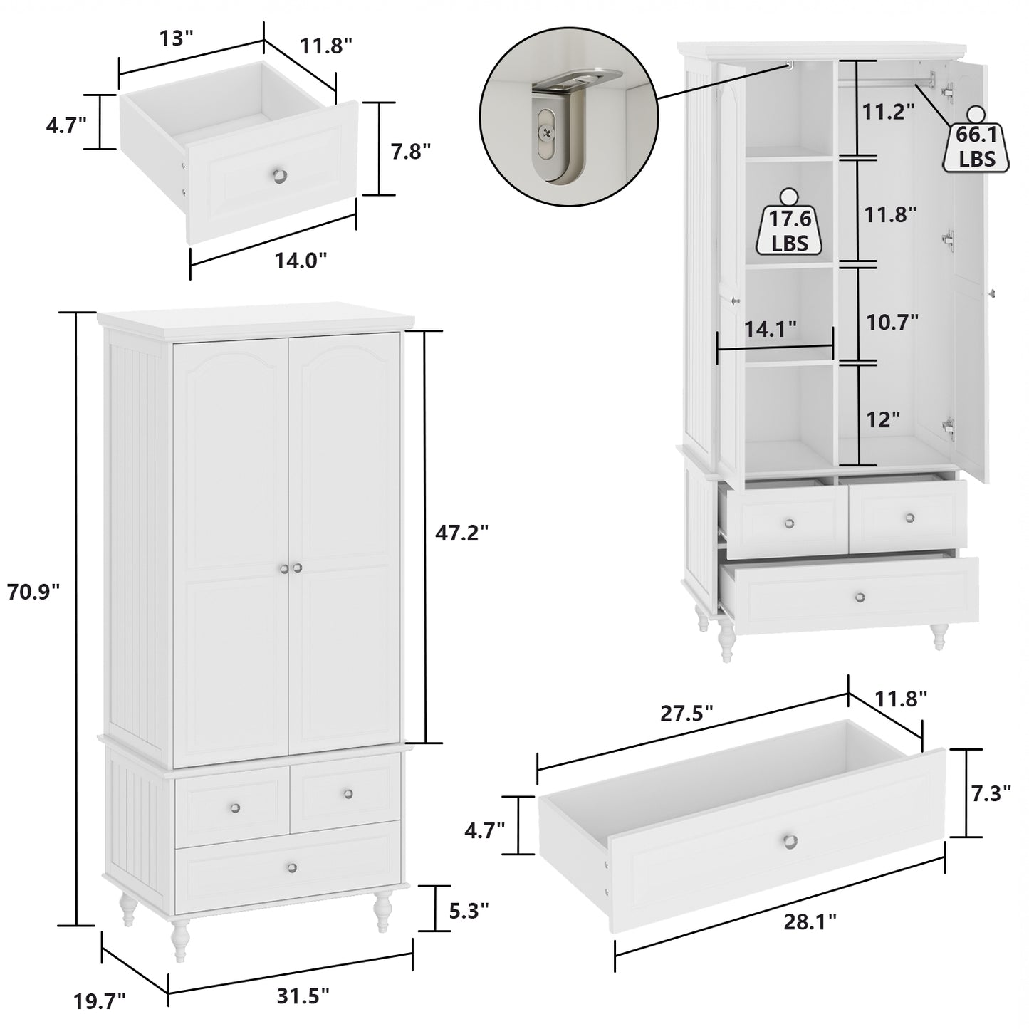 MONSLIPA White Wardrobe, Modern 2-Door Armoire with Hanging Rod and 3 Drawers for Closet Bedroom