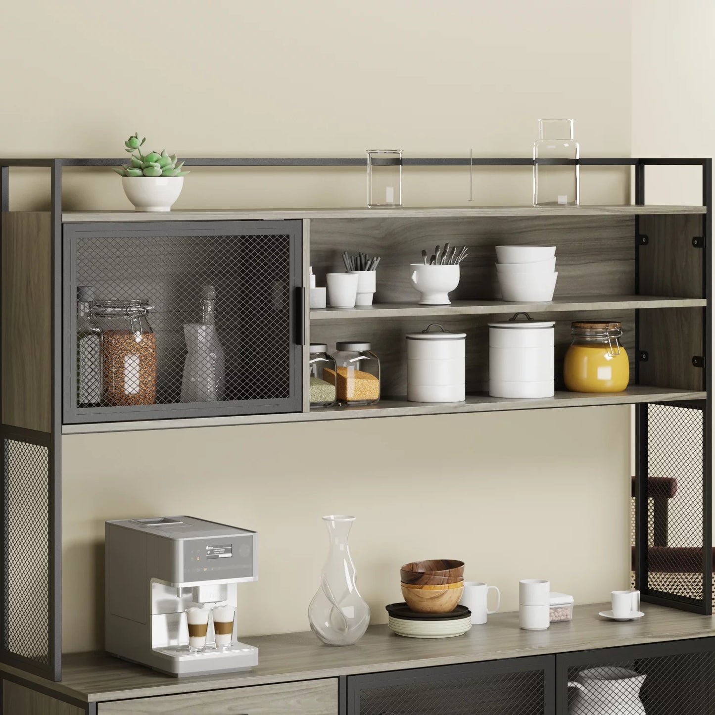 MONSLIPA Kitchen Pantry Storage Cabinet, Sideboard Buffet with Hutch, Metal Mesh Door and 3 Storage Drawers, Gray