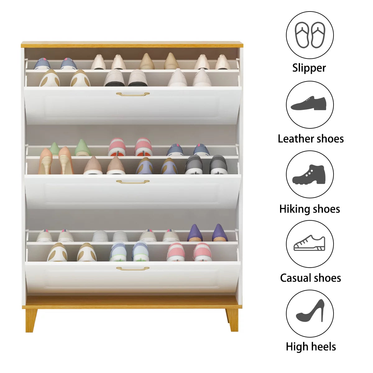 MONSLIPA Shoe Cabinet with 3 Drawers, Shoe Rack Storage Organizer Cupboard for Entryway, White&Walnut